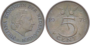 НИДЕРЛАНДЫ 5 ЦЕНТОВ 1978 ЮЛИАНА (1948-1980) KM 181 бронза 213-1151