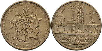 Франция 10 франков 1976 тип Матье KM 940, Le Franc 365.7-8 никель латунь 4116-1137