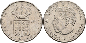 Швеция 1 крона 1968 U, Густав VI Адольф (1950-1973) KM 826 серебро 4150-242