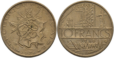 Франция 10 франков 1976 тип Матье KM 940, Le Franc 365.7-8 никель латунь 4116-1137