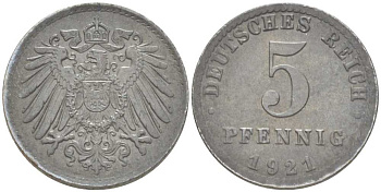 ГЕРМАНИЯ 5 ПФЕННИГОВ 1921 A KM 19, J. 297, Weege 5 железо 206-751