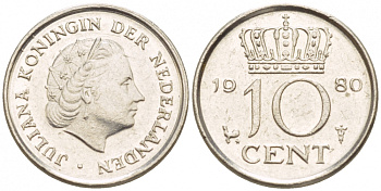 Нидерланды 10 центов 1980 Юлиана (1949-1980) KM 182 никель 4547-853