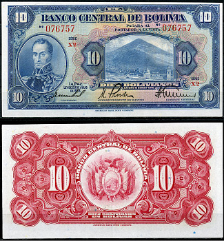 Боливия 10 боливиано 1928 серия X2, Симон Боливар Pick 121 a (8)  бумага  UNC (пресс) 451-776-3