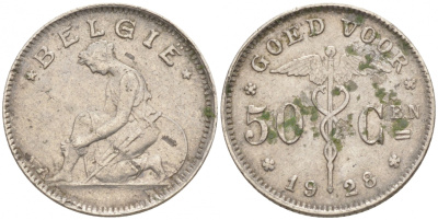 БЕЛЬГИЯ 50 САНТИМОВ 1928 BELGIE KM 88 никель 214-736