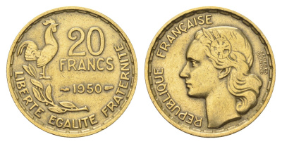 Франция 20 франков 1950 GEORGES GUIRAUD KM 916.1 алюминиевая бронза    4660-257