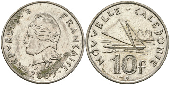 Французская Новая Каледония 10 франков 2009 рыбачья парусная лодка, (IEOM) KM 11a, Schoen 13a, Lec 99k медно-никель 60-951