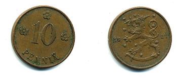Финляндия 10 пенни 1927 республика (1918-1962) KM 24 медь 46-1614