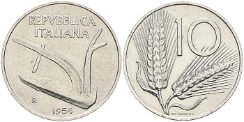 Италия 10 лир 1954 R, плуг KM 93 алюминий    217-117