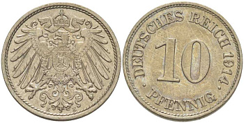 ГЕРМАНИЯ 10 ПФЕННИГОВ 1914 E KM 12, J. 13, Weege 8 медно-никель 212-245