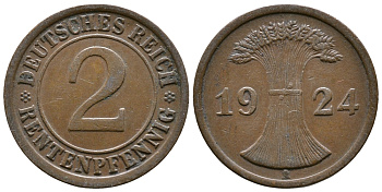 ГЕРМАНИЯ 2 РЕНТЕНПФЕННИГА 1924 A KM 31, J.307 бронза 86-855