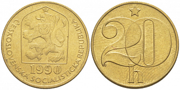 Чехословакия 20 геллеров 1990 KM 74 латунь 3309-731