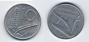 ИТАЛИЯ 10 ЛИР 1974 KM 93 алюминий 62-2561