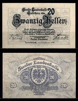 Австрия (Федеральная земля Тироль) 20 геллеров 1919 Jaksc/Pick# 0408-20 бумага UNC (пресс) 7555-8-2-1