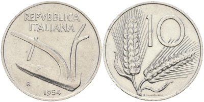 Италия 10 лир 1954 R, плуг KM 93 алюминий    217-117