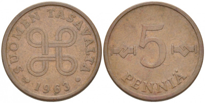ФИНЛЯНДИЯ 5 ПЕННИ 1963 ПЕРВЫЙ ГОД KM 45 медь 3718-118