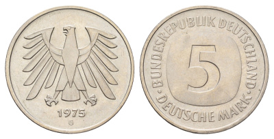 ФРГ 5 марок 1975 G КМ 140.1, J. 415 медно-никель плакированный никелем UNC 4653-1142