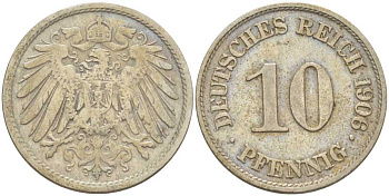 Германия 10 пфеннигов 1906 A KM 12, J. 13, Weege 8 медно-никель 259-914