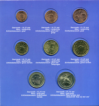 Нидерланды евронабор из 8 монет  1999-2001 официальный выпуск, в картонном буклете, с описанием  биметалл  UNC  7-5-6-03