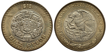 Мексика 10 песо 1998 Мо, бог Тонатиуха с огненной маской KM 616 биметалл XF 215-1023