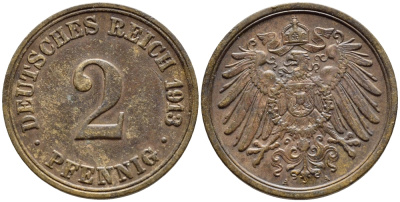 Германия 2 пфеннига 1913 A KM 16, J. 11, Weege 4 медь 4396-255
