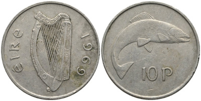 Ирландия 10 пенсов 1969 лосось KM 23 медно-никель 3855-941