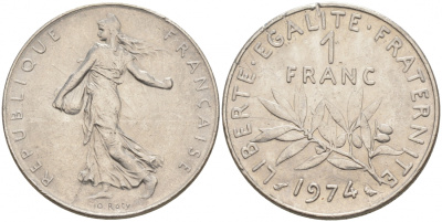ФРАНЦИЯ 1 ФРАНК 1974 СЕЯТЕЛЬ KM 925.1 никель 186-344