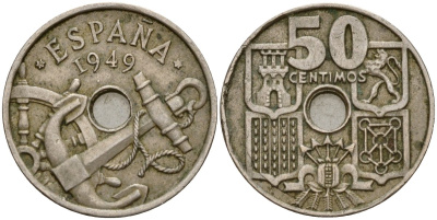 Испания 50 сентимо 1949 (19) Франсиско Франко (1939-1975), морская атрибутика KM 777 медно-никель 4177-514