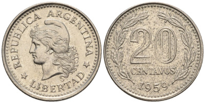 Аргентина 20 сентаво 1959 голова свободы влево KM 55, Schon 55, CJ 265 сталь плакированная никелем    60-954