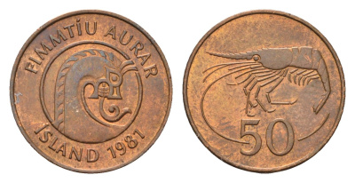 Исландия 50 эйре 1981 креветка KM 26 бронза UNC 4690-561