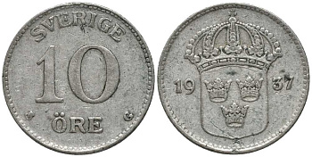 Швеция 10 эре 1937 G, Густав V (1907-1950) КМ 780 серебро 201-1069