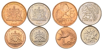 Тринидад и Тобаго набор из 4 монет (1, 5, 10, 25 центов) 2006, 2007 и 2008 KM 29, 30, 31 и 32 UNC 4669-866-869