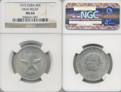 Куба 40 сентаво 1915 в слабе NGC MS 64, высокий рельеф KM 14 серебро UNC 15-006-07
