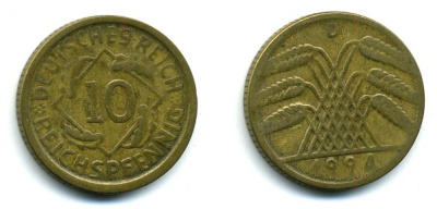 ГЕРМАНИЯ 10 РЕЙХСПФЕННИГОВ 1924 D KM 40, J. 317, Weege 9 алюминиевая бронза 56-947