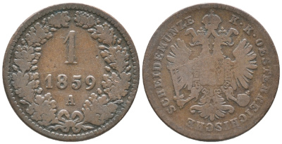 Австрия 1 крейцер 1859 A, Франц Иосиф I (1848-1916) KM 2186 медь 100-932