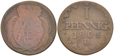 САКСОНИЯ 1 ПФЕННИГ 1805 Н, ФРИДРИХ АВГУСТ III (1763-1806) KM 1000 (С91) медь 206-358