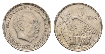 Испания 5 песет 1957 (64) Франсиско Франко (1939 - 1975) KM 786 медно-никель 4648-947