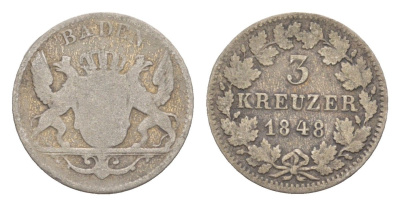 Баден 3 крейцера 1848 Леопольд (1830-1852) KM 211 серебро 4639-1267