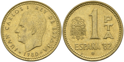 Испания 1 песета 1980 (82) чемпионат мира по футболу 1982 года в Испании, Хуан Карлос I (1975 - 2014) KM 816 алюминиевая бронза 4604-457