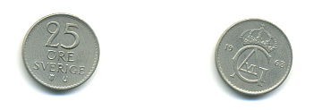 Швеция 25 эре 1963 U, Густав VI Адольф (1950-1973) KM 836 медно-никель 56-651