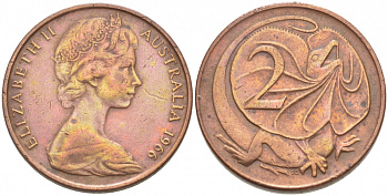 Австралия 2 цента 1966 Елизавета II (1952-), плащеносная ящерица KM 63 бронза 3996-926