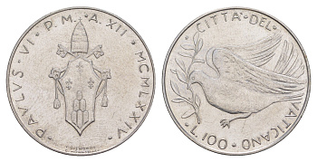 Ватикан 100 лир 1974 MCMLXXIV, Павел VI KM 122 нержавеющая сталь UNC 4648-152