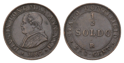 Папская Область 1/2 сольдо 1867 R, Пий IX (1846-1878) KM 1371 медь 441-1315