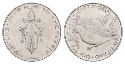 Ватикан 100 лир 1974 MCMLXXIV, Павел VI KM 122 нержавеющая сталь UNC 4648-152