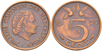 НИДЕРЛАНДЫ 5 ЦЕНТОВ 1950 ЮЛИАНА KM 181 бронза 3718-161