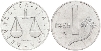 Италия 1 лира 1955 R, весы KM 91 алюминий  UNC  4594-717