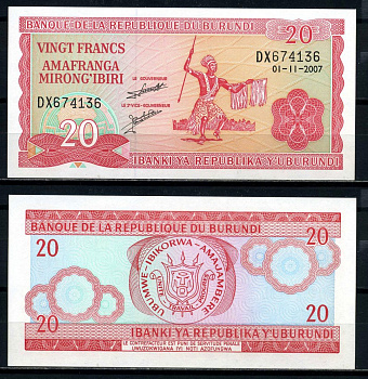 Бурунди 20 франков 2007 1 ноября 2007 Pick 27 d бумага UNC (пресс) 6317-25-1-2