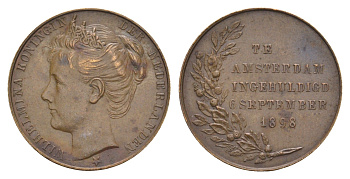 Нидерланды медаль "Коронация Вильгельмины " 1898 Коронация Вильгельмины 6 сентября 1898 года на престол Нидерландов, диаметр 23,8 мм, вес 7,14 гр медь 4044-932