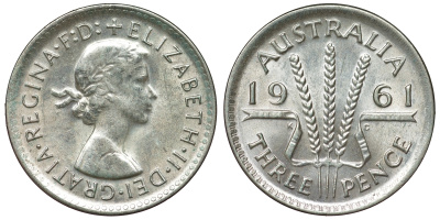 Австралия 3 пенса 1961 m, Елизавета II (1952-2022) KM 57 серебро 71-723