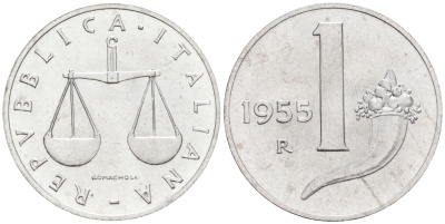 Италия 1 лира 1955 R, весы KM 91 алюминий  UNC  4594-717