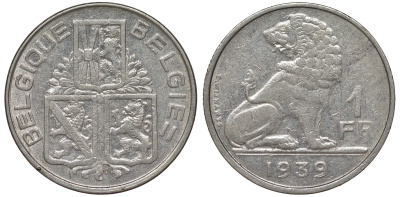 Бельгия 1 франк 1939 Леопольд III (1934-1950), Belgique-Belgie, лев KM 119 никель 4163-212